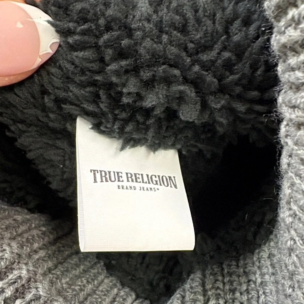 True Religion Sherpa Lined Knit Beanie Hat | Gray Cream Brown | Winter Cap